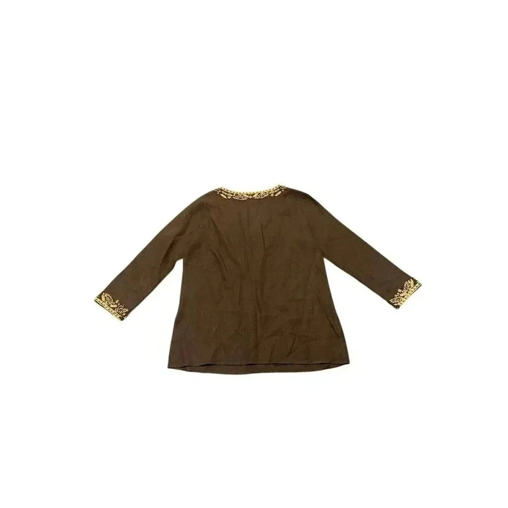 Michael Kors Large Tunic Top Blouse Brown Linen Wooden Beaded Embroidered Size M - Picture 2 of 8